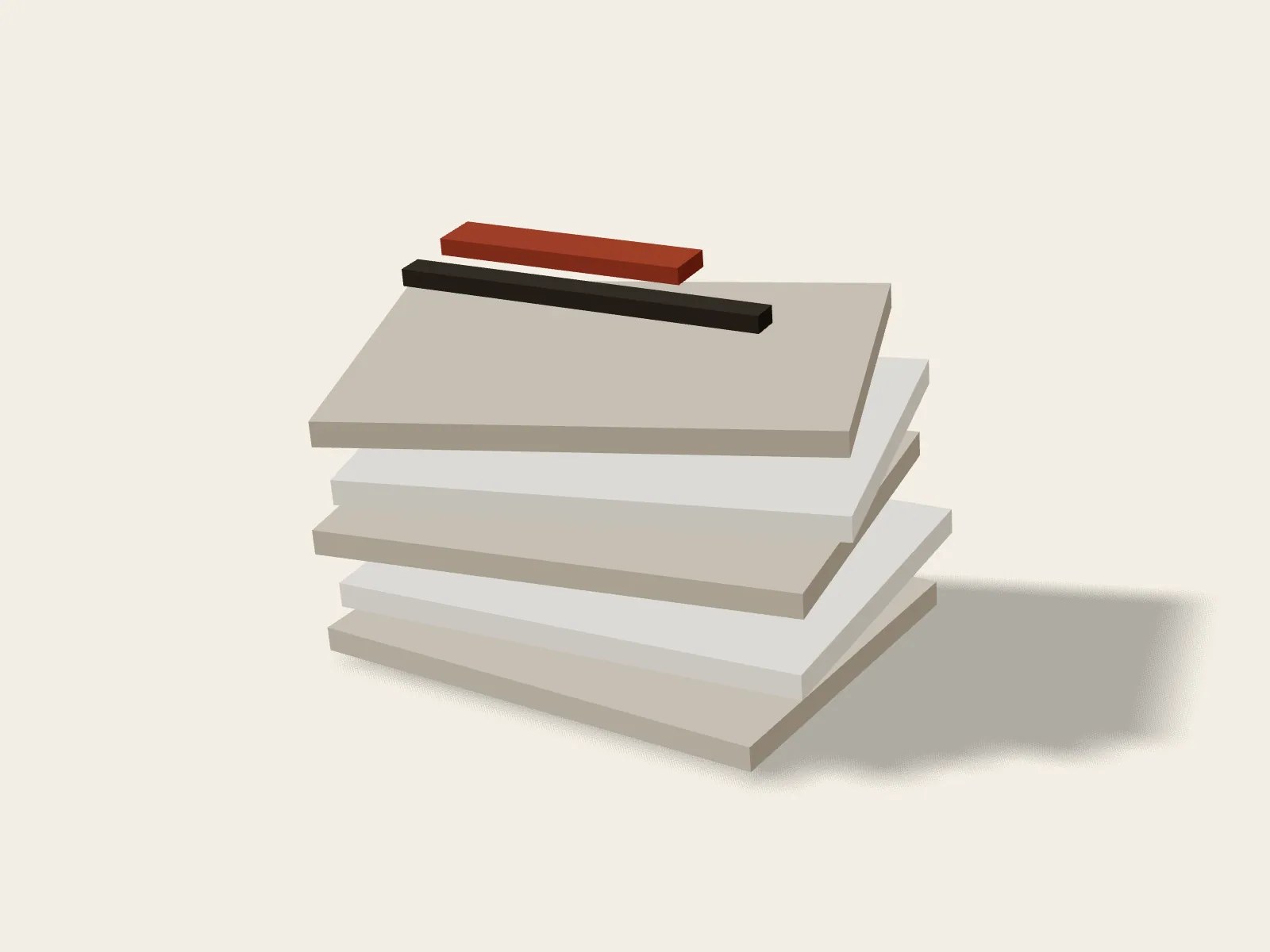 Rendered still: a stack of pages with a rust headline bar, the content form