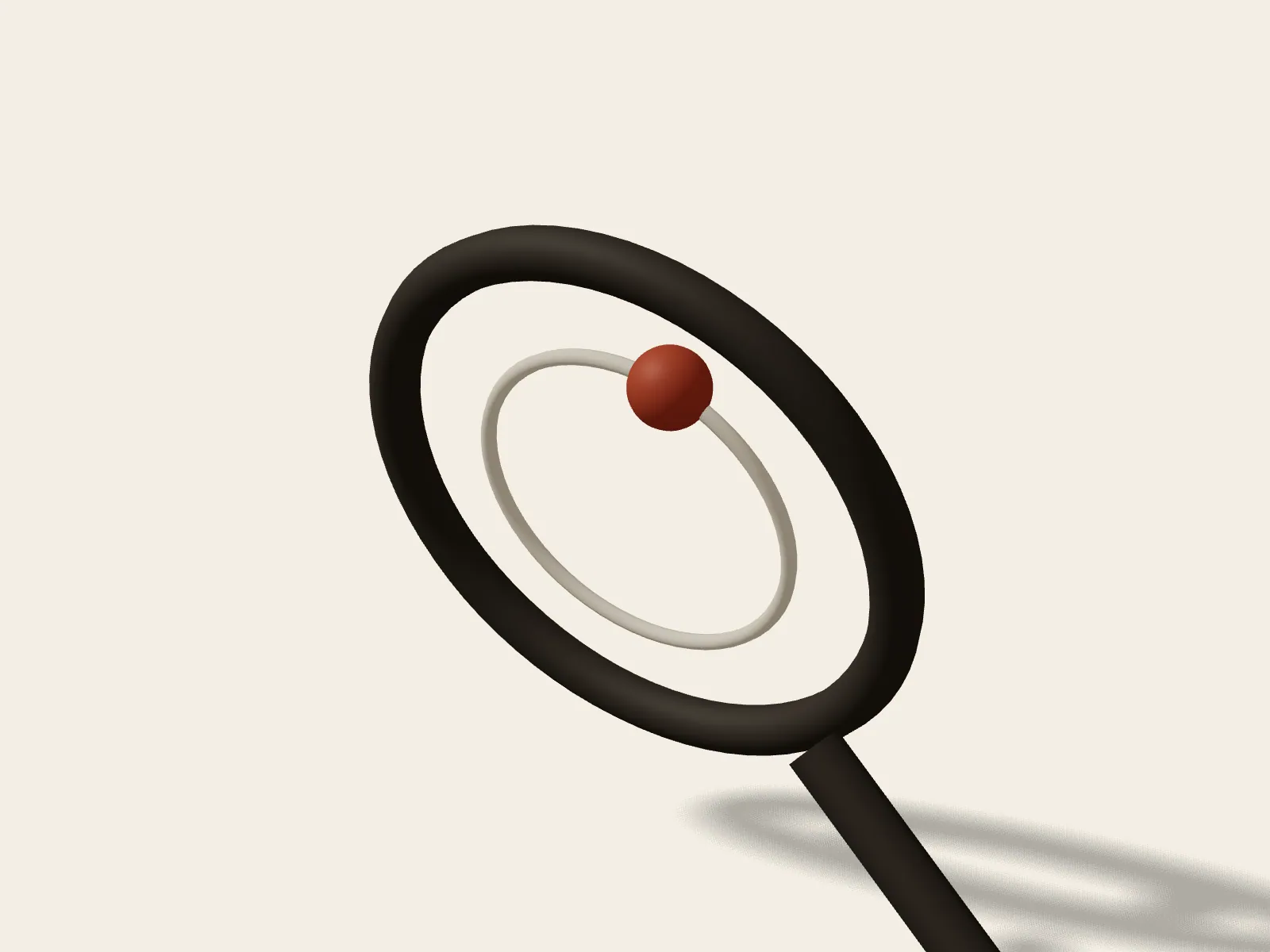 Rendered still: a lens ring with an orbiting rust marker, the SEO form